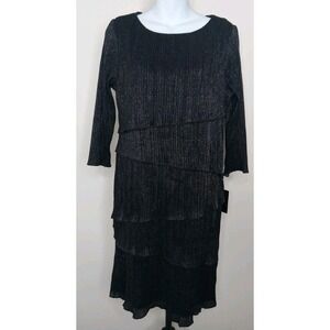 ronni nicole Women Black Mettalic Tiered Lined Accordian 3/4sleeve Dress Size 10